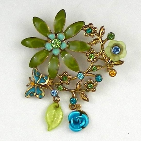 Catherine Stein Designed for Dillard's Flower Brooch Green blue - Picture 2 of 4